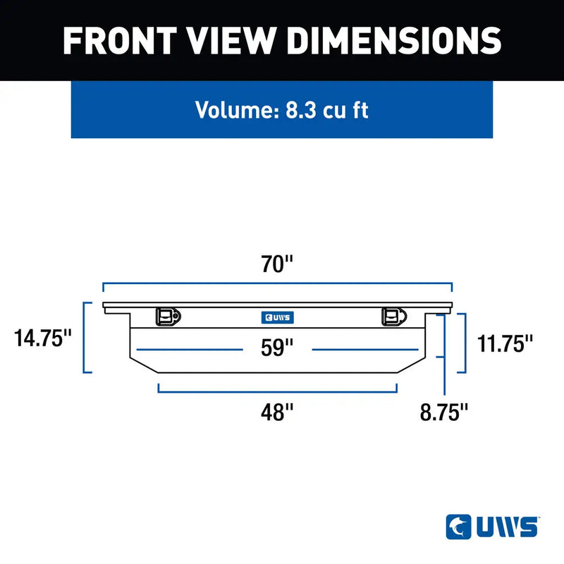 UWS EC10421 69" truck tool box in bright aluminum, front-view dimension drawing