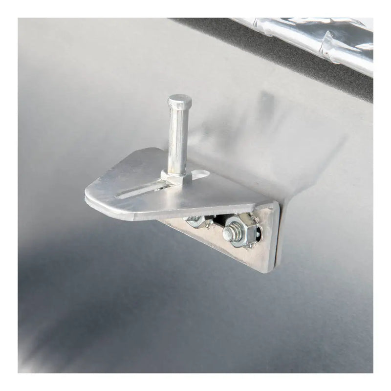 UWS EC10421 69" truck tool box in bright aluminum, close-up of the self-opening lid strut anchor inside the tub