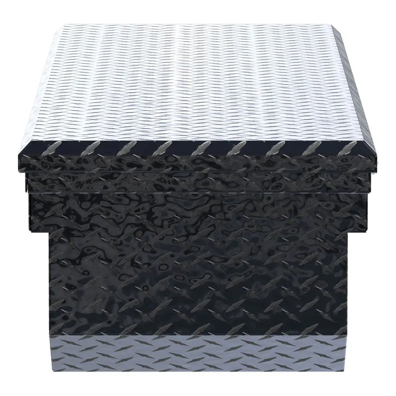 UWS EC10432 69" truck tool box in gloss black powder coat, end elevation showing box depth and lid overhang