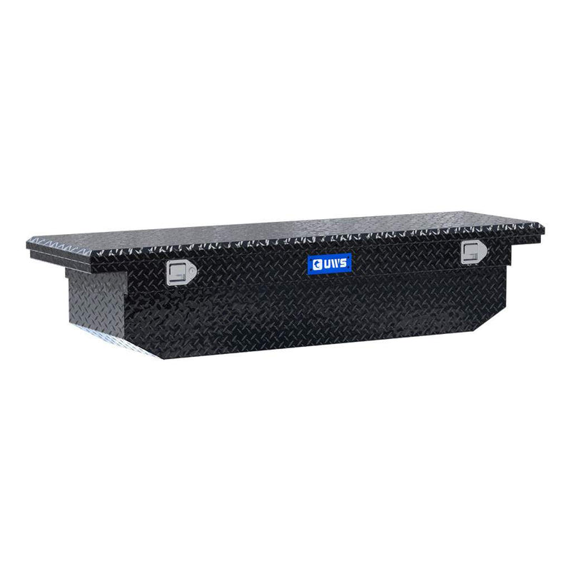 UWS EC10432 69" truck tool box in gloss black powder coat, front three-quarter studio view