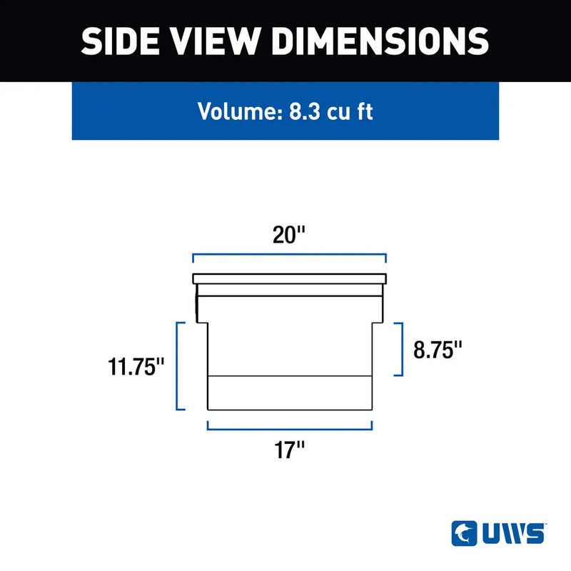 UWS EC10432 69" truck tool box in gloss black powder coat, side-view dimension drawing