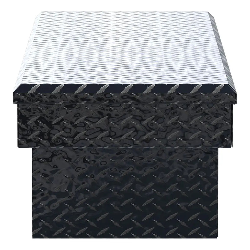 UWS EC10442 69" truck tool box in gloss black powder coat, end elevation showing box depth and lid overhang