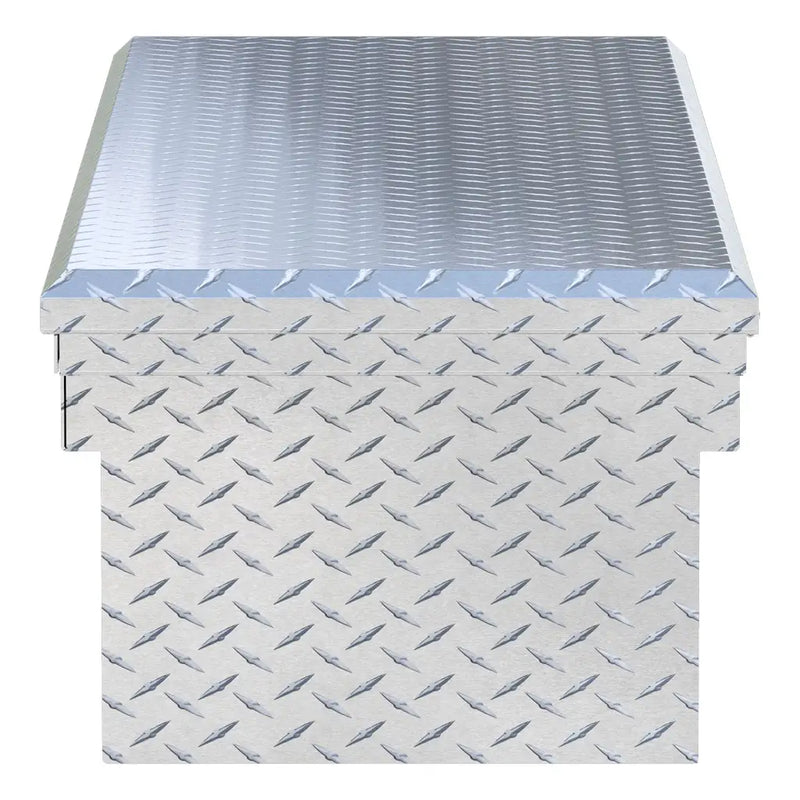 UWS EC10451 69" truck tool box in bright aluminum, end elevation showing box depth and lid overhang