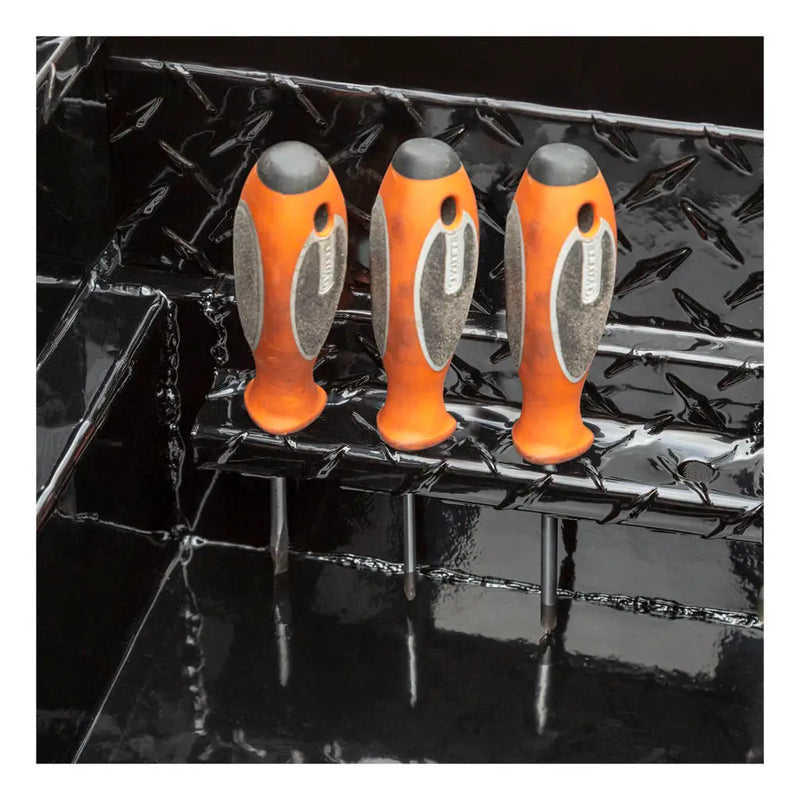 UWS EC10462 69" truck tool box in gloss black powder coat, built-in screwdriver holders on the interior rail