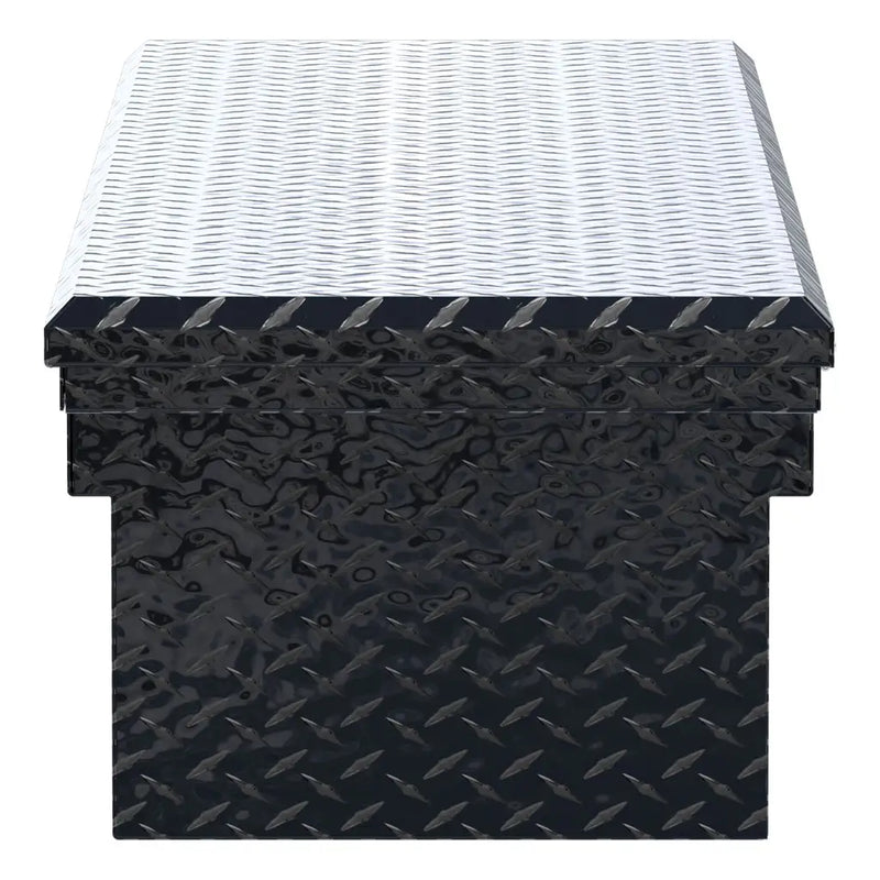 UWS EC10462 69" truck tool box in gloss black powder coat, end elevation showing box depth and lid overhang