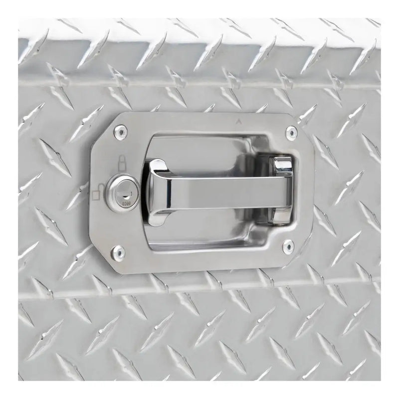 UWS EC10481 69" truck tool box in bright aluminum, close-up of the stainless steel pull handle