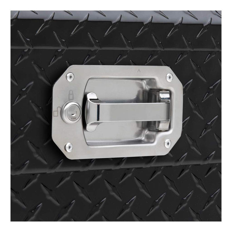 UWS EC10492 69" truck tool box in gloss black powder coat, close-up of the stainless steel pull handle