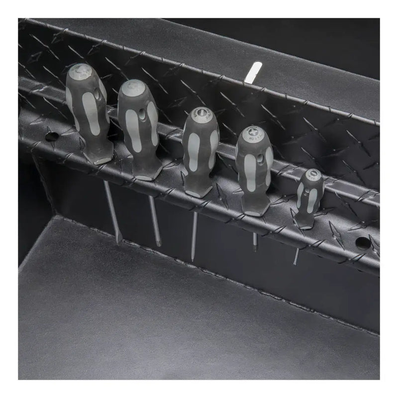 UWS EC10503 69" truck tool box in matte black powder coat, built-in screwdriver holders on the interior rail