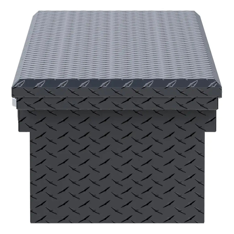 UWS EC10503 69" truck tool box in matte black powder coat, end elevation showing box depth and lid overhang