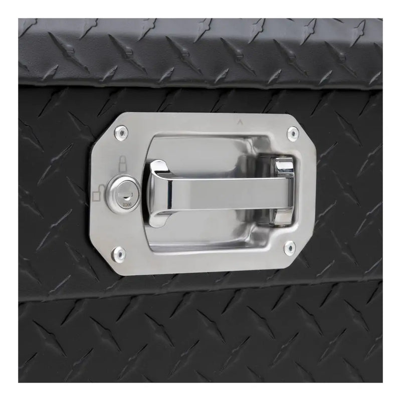 UWS EC10503 69" truck tool box in matte black powder coat, close-up of the stainless steel pull handle