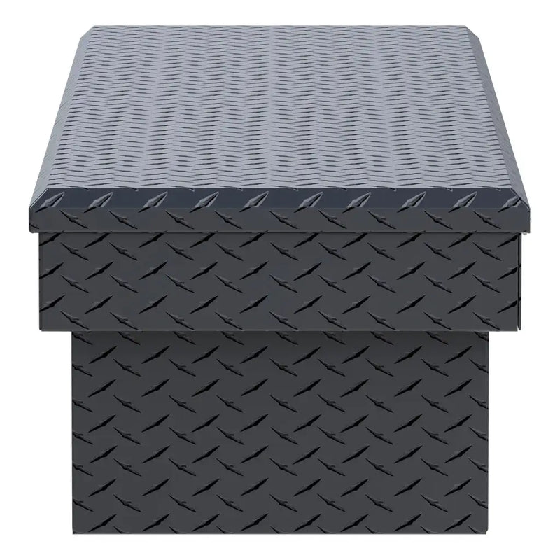 UWS EC10513 69" truck tool box in matte black powder coat, end elevation showing box depth and lid overhang