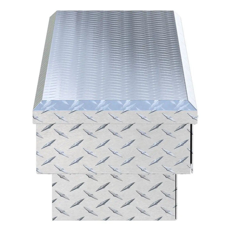 UWS EC10521 69" truck tool box in bright aluminum, end elevation showing box depth and lid overhang