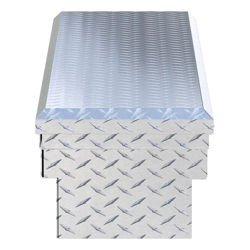 UWS EC10541 69" truck tool box in bright aluminum, end elevation showing box depth and lid overhang