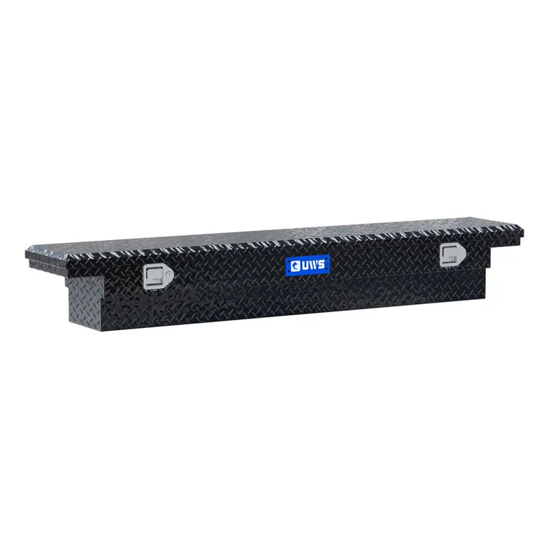 UWS EC10552 69" truck tool box in gloss black powder coat, front three-quarter studio view