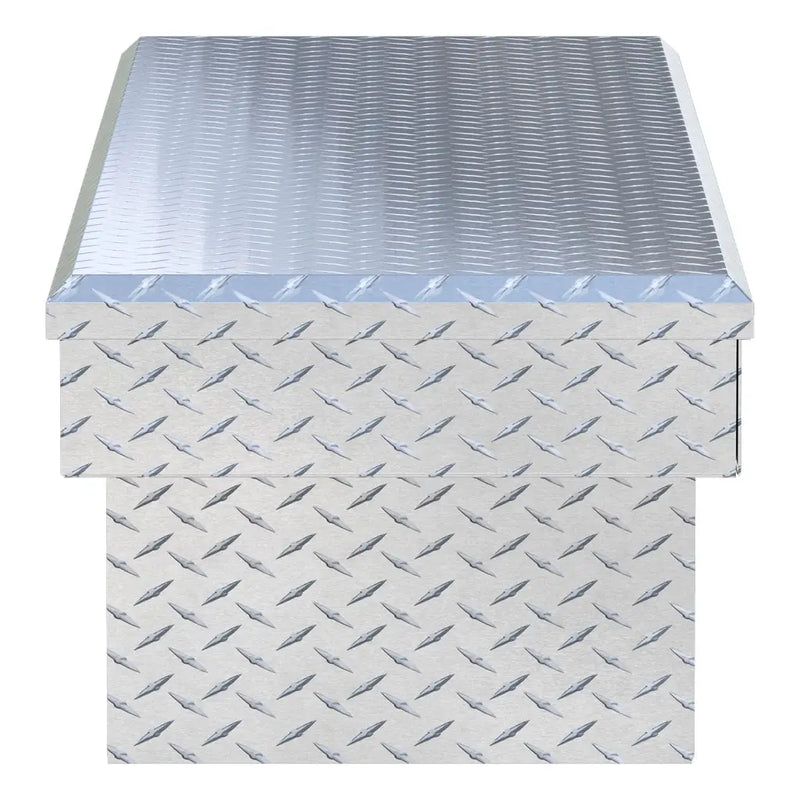 UWS EC10561 72" truck tool box in bright aluminum, end elevation showing box depth and lid overhang