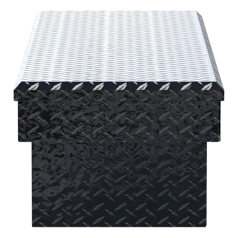 UWS EC10572 72" truck tool box in gloss black powder coat, end elevation showing box depth and lid overhang