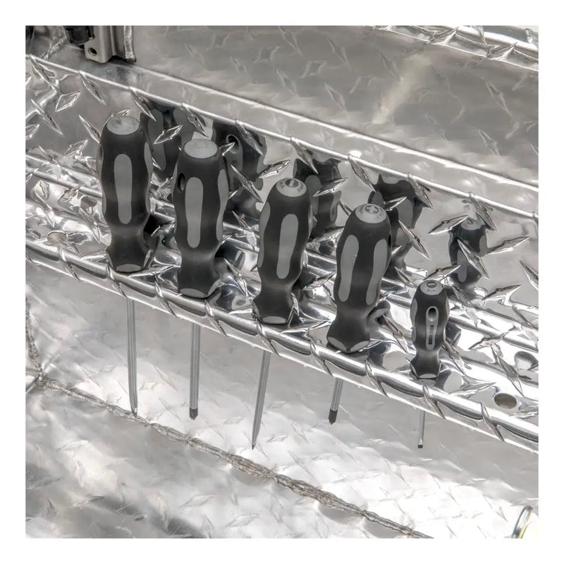 UWS EC10581 72" truck tool box in bright aluminum, built-in screwdriver holders on the interior rail