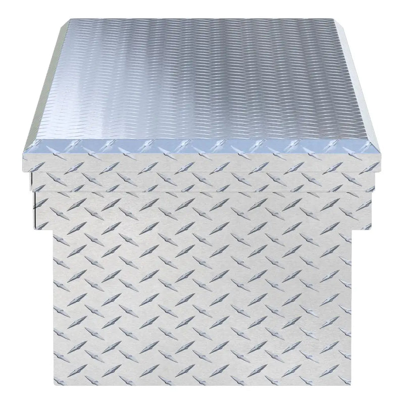UWS EC10581 72" truck tool box in bright aluminum, end elevation showing box depth and lid overhang