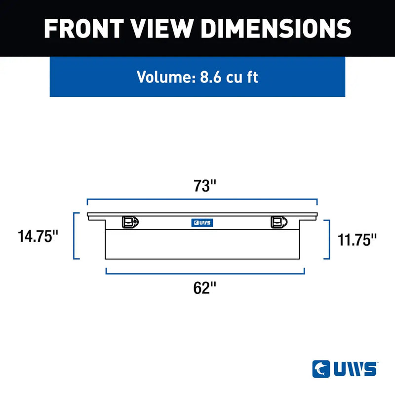 UWS EC10581 72" truck tool box in bright aluminum, front-view dimension drawing