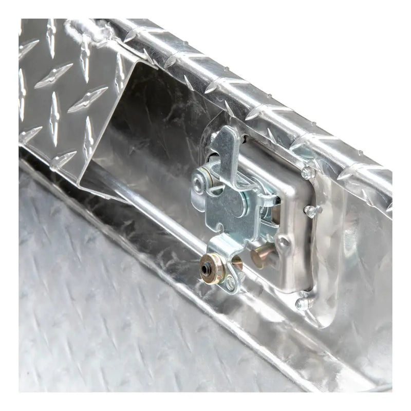 UWS EC10581 72" truck tool box in bright aluminum, close-up of the latch mechanism