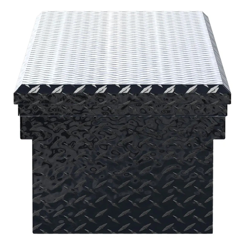 UWS EC10592 72" truck tool box in gloss black powder coat, end elevation showing box depth and lid overhang
