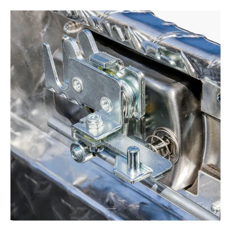UWS EC10611 72" truck tool box in bright aluminum, close-up of the latch mechanism