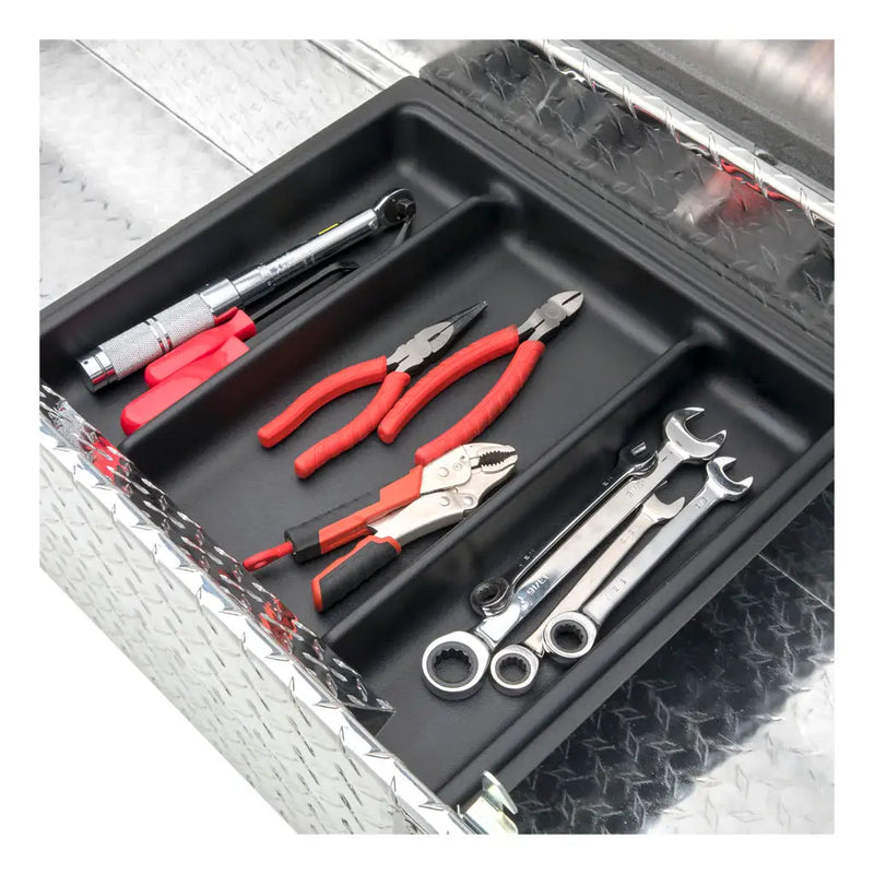 UWS EC10611 72" truck tool box in bright aluminum, removable sliding tool tray fitted in the box