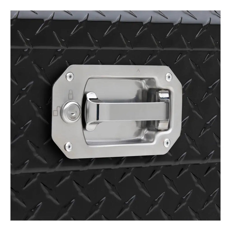UWS EC10622 72" truck tool box in gloss black powder coat, close-up of the stainless steel pull handle