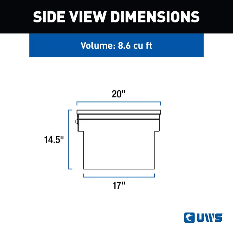 UWS EC10622 72" truck tool box in gloss black powder coat, side-view dimension drawing