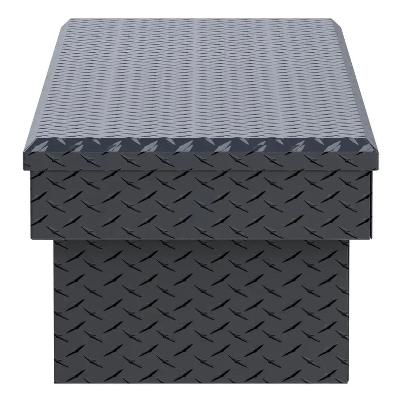 UWS EC10643 72" truck tool box in matte black powder coat, end elevation showing box depth and lid overhang