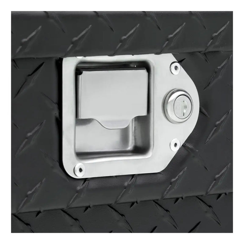 UWS EC10643 72" truck tool box in matte black powder coat, close-up of the stainless steel paddle latch with keyed lock