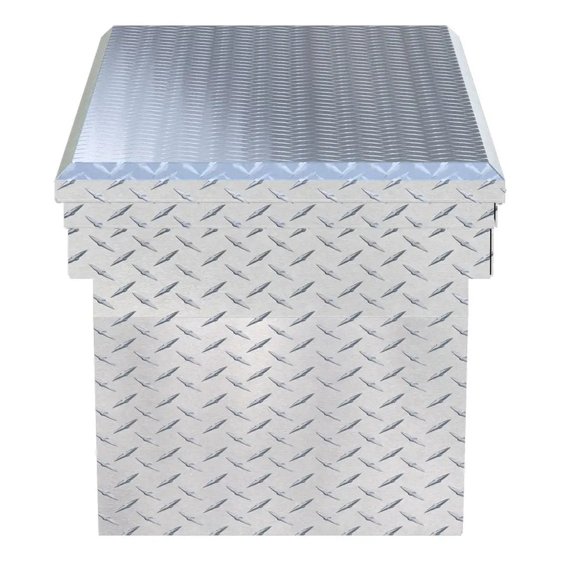 UWS EC10761 69" truck tool box in bright aluminum, end elevation showing box depth and lid overhang