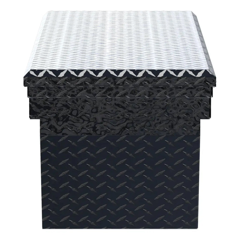 UWS EC10772 69" truck tool box in gloss black powder coat, end elevation showing box depth and lid overhang