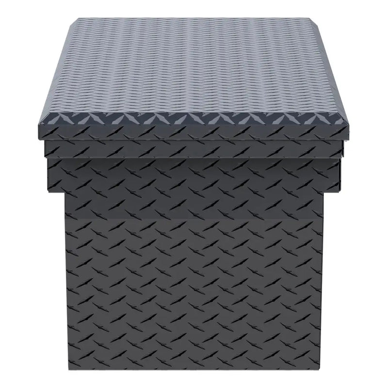 UWS EC10783 69" truck tool box in matte black powder coat, end elevation showing box depth and lid overhang