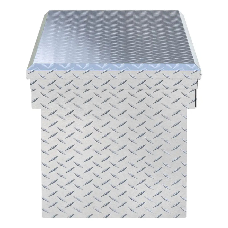 UWS EC10791 69" truck tool box in bright aluminum, end elevation showing box depth and lid overhang