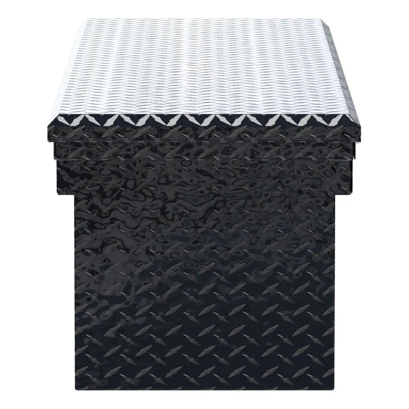 UWS EC10802 69" truck tool box in gloss black powder coat, end elevation showing box depth and lid overhang