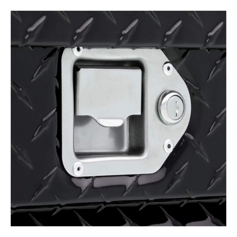 UWS EC10822 69" truck tool box in gloss black powder coat, close-up of the stainless steel paddle latch with keyed lock