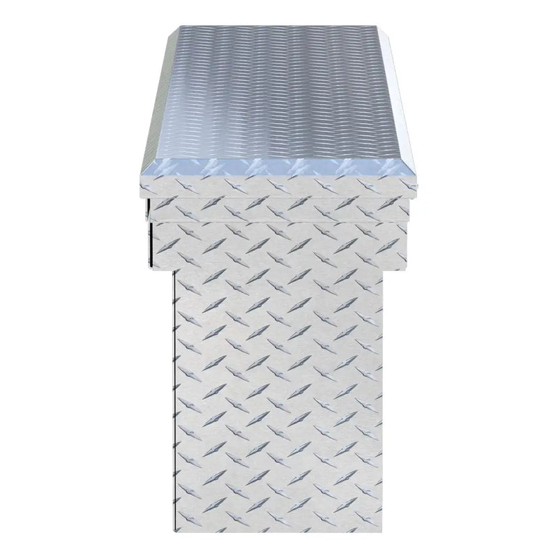 UWS EC10831 69" truck tool box in bright aluminum, end elevation showing box depth and lid overhang