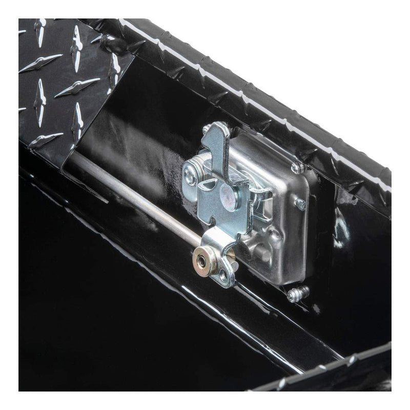 UWS EC10842 69" truck tool box in gloss black powder coat, close-up of the latch mechanism