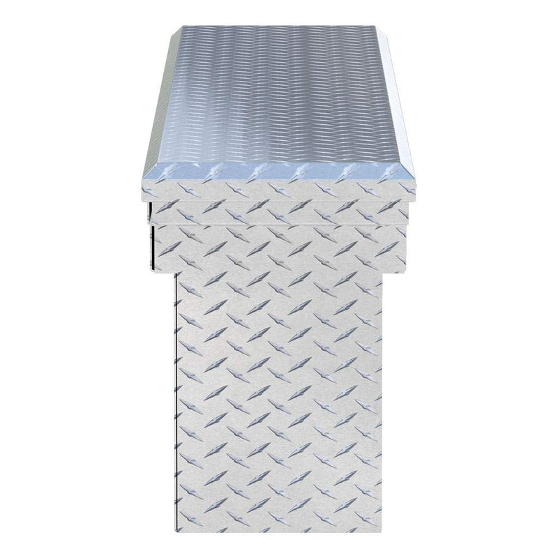 UWS EC10871 72" truck tool box in bright aluminum, end elevation showing box depth and lid overhang