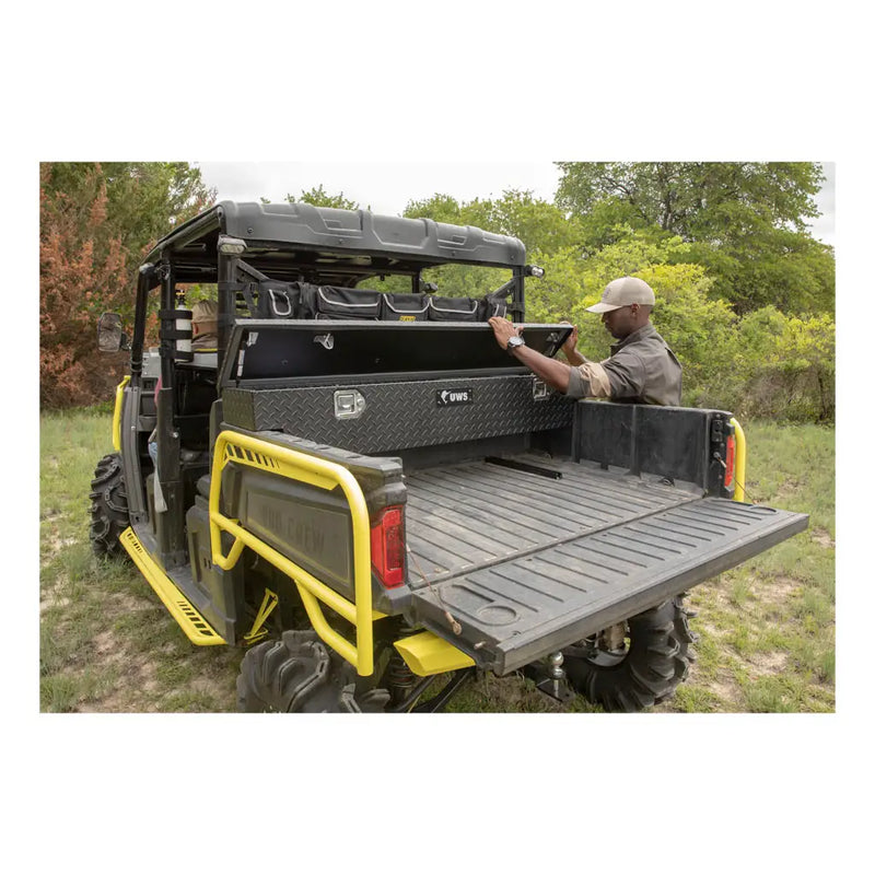 UWS 59" UTV Crossbed Tool Box shown installed on a Can-Am Defender, the platform this part's bracket kit serves