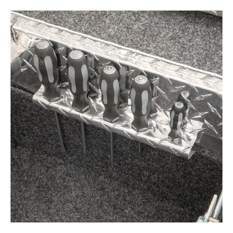 UWS EC11021 63" truck tool box in bright aluminum, built-in screwdriver holders on the interior rail