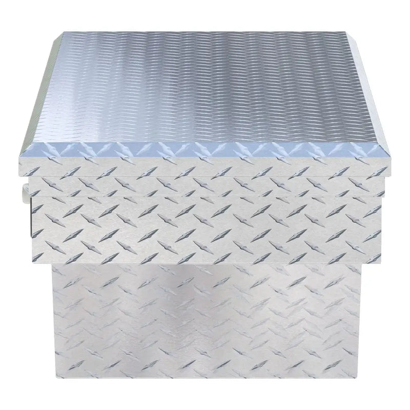 UWS EC11021 63" truck tool box in bright aluminum, end elevation showing box depth and lid overhang