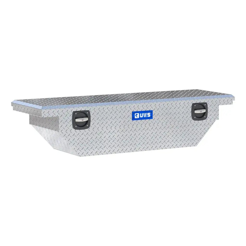 UWS EC11021 63" truck tool box in bright aluminum, front three-quarter studio view