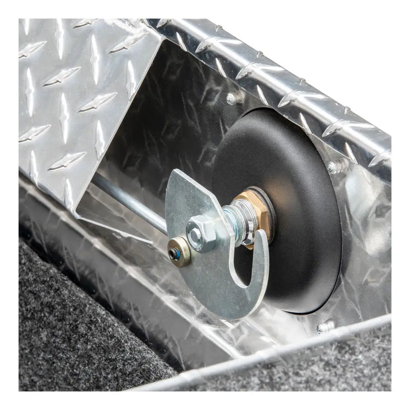 UWS EC11021 63" truck tool box in bright aluminum, close-up of the latch mechanism