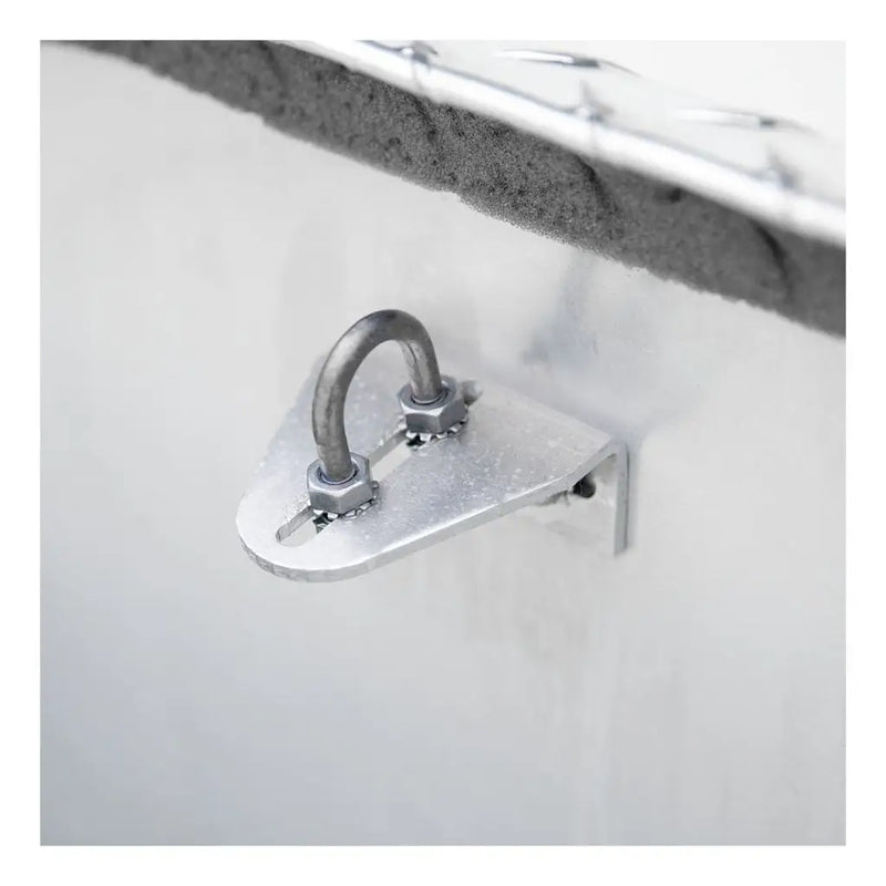UWS EC11021 63" truck tool box in bright aluminum, close-up of the self-opening lid strut anchor inside the tub