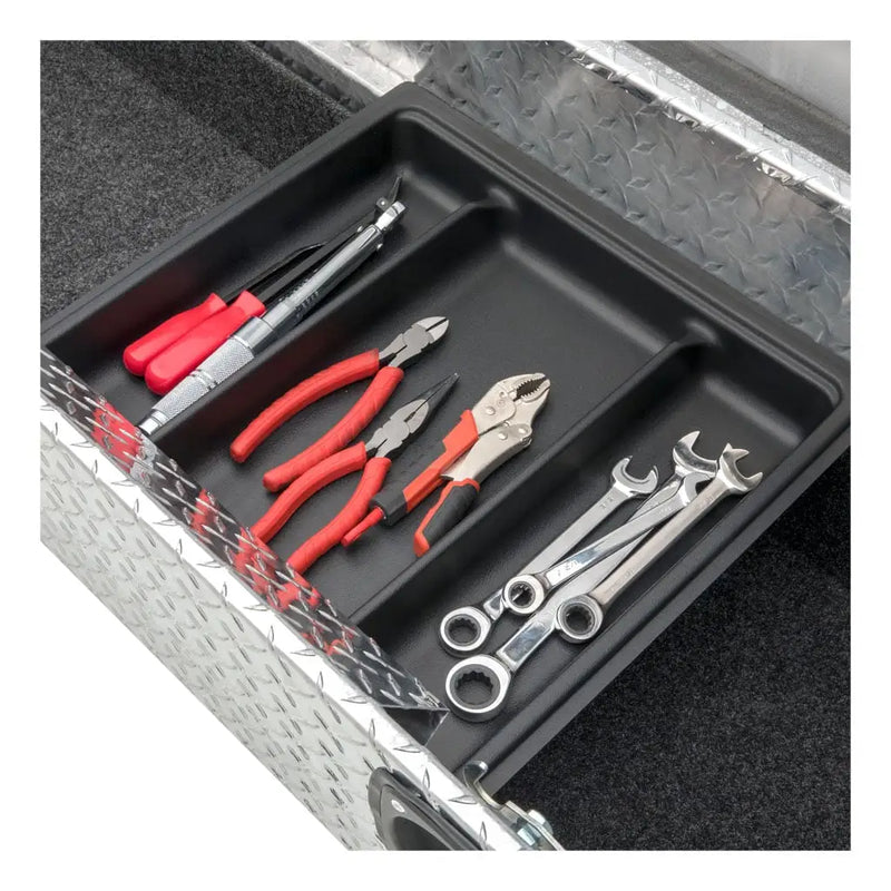 UWS EC11021 63" truck tool box in bright aluminum, removable sliding tool tray fitted in the box