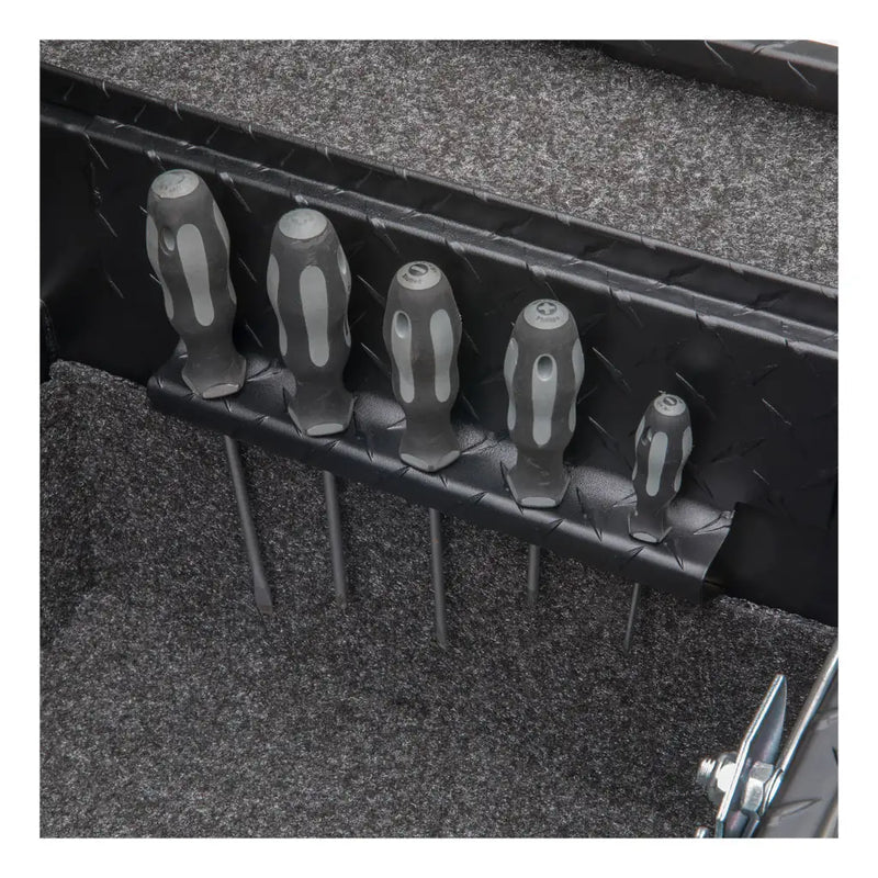 UWS EC11023 63" truck tool box in matte black powder coat, built-in screwdriver holders on the interior rail