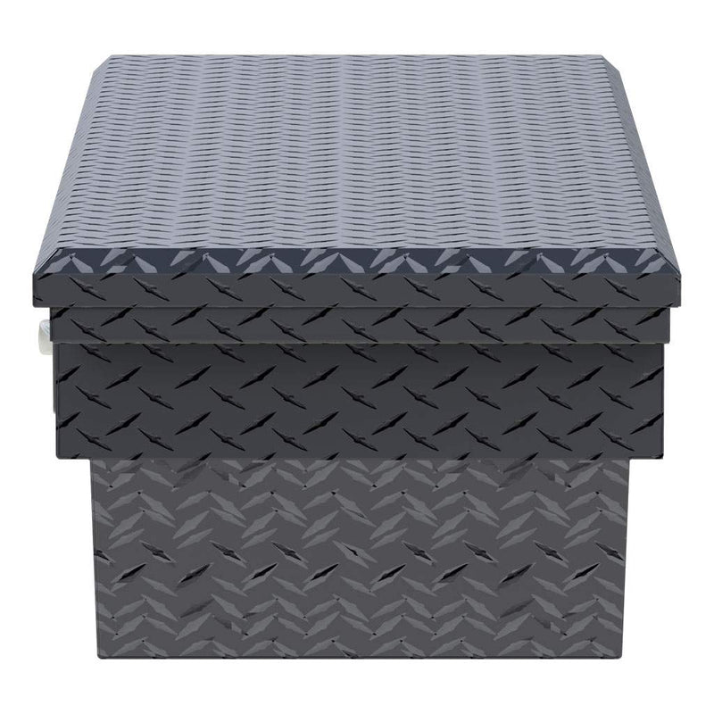 UWS EC11023 63" truck tool box in matte black powder coat, end elevation showing box depth and lid overhang