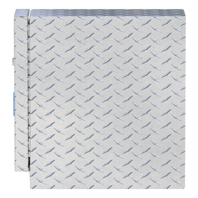 UWS EC20021 18" truck tool box in bright aluminum, end elevation showing box depth and lid overhang